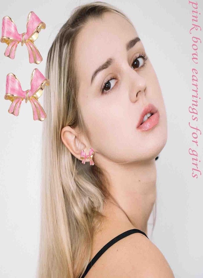 PINCHUAN 2pairs Gold bow Earrings Small Classic bow Stud Earrings Gold Bow Knot Earrings Pearl Earring Pink earring Drop Christmas Earring for Women-2pairs pink/B - Image 5
